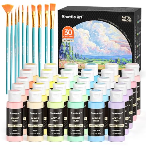 Shuttle Art 40 Pack Pastel Acrylic Paint Set, 30 Colors, 60ml/2oz Bottles, High Viscosity, Water-proof With 10 Paint Brushes for Painting &Crafting on Canvas, Rock, Ceramic, Fabric, Clay - Image 1