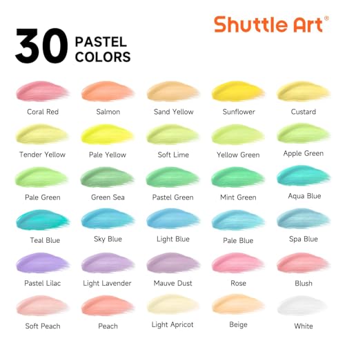 Shuttle Art 40 Pack Pastel Acrylic Paint Set, 30 Colors, 60ml/2oz Bottles, High Viscosity, Water-proof With 10 Paint Brushes for Painting &Crafting on Canvas, Rock, Ceramic, Fabric, Clay - Image 2