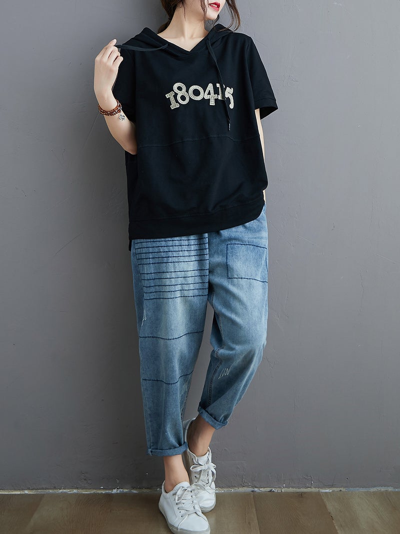 Women Loose Hoodie Short Sleeved Numbers Embroidery T-Shirts - Image 3