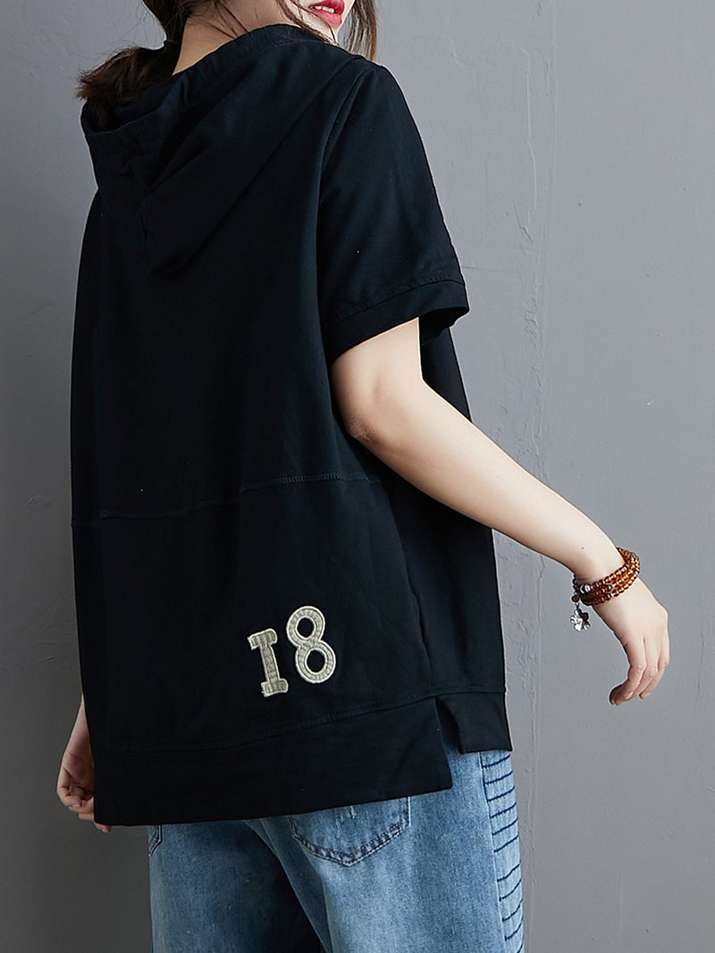 Women Loose Hoodie Short Sleeved Numbers Embroidery T-Shirts - Image 4