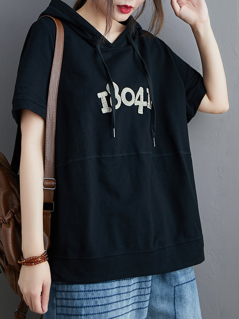 Women Loose Hoodie Short Sleeved Numbers Embroidery T-Shirts - Image 5