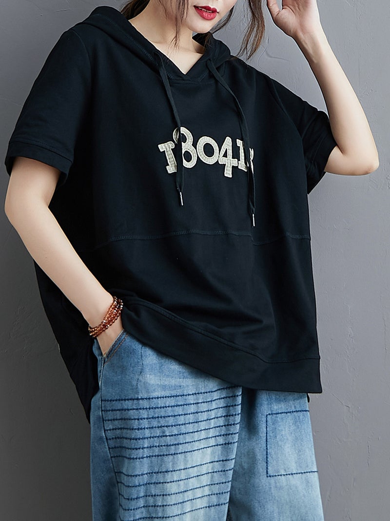 Women Loose Hoodie Short Sleeved Numbers Embroidery T-Shirts - Image 2