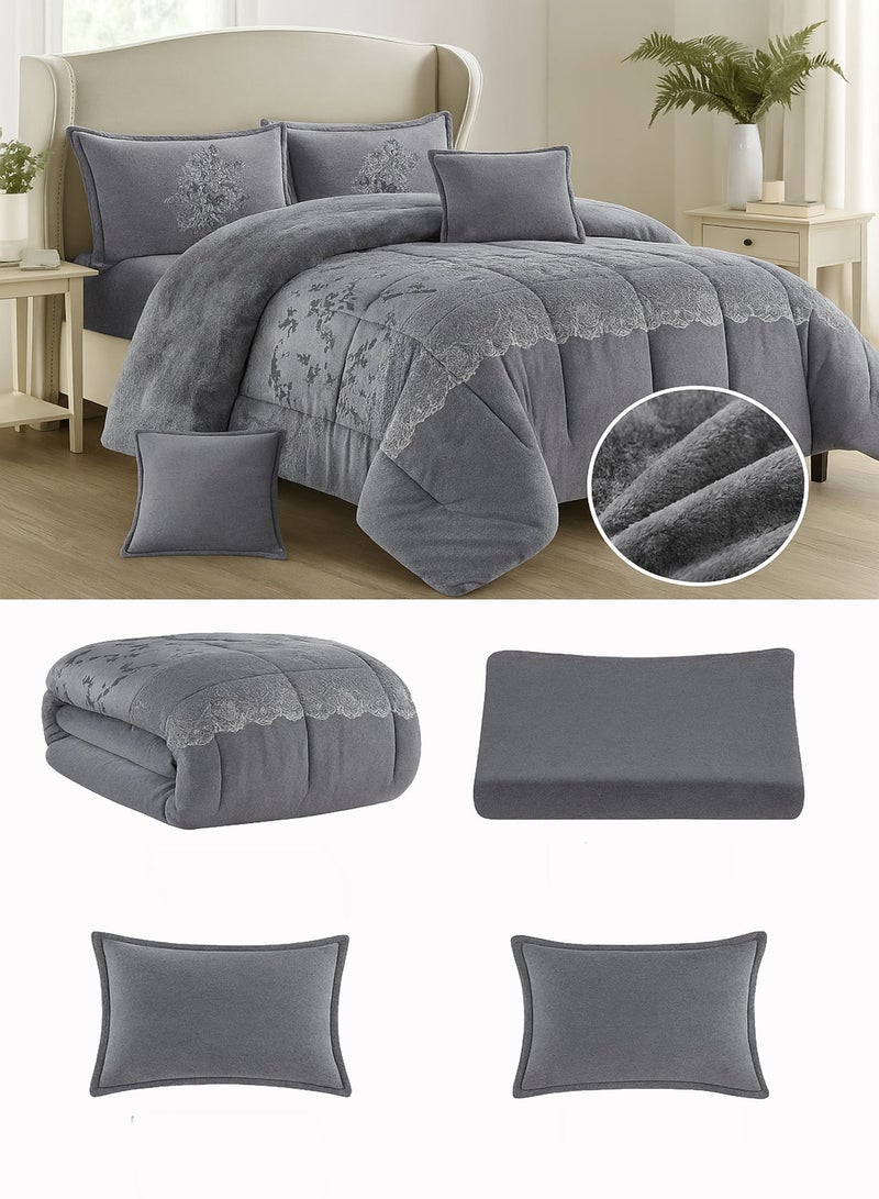 Moon Double-Sided Winter Bed Set for Two – 6 Pieces (1 Comforter + 1 Fitted Sheet + 4 Decorative Pillow Covers), Reversible Design with Velvet Front and Fleece Back, Fits Bed Size 200x200 cm - Image 2