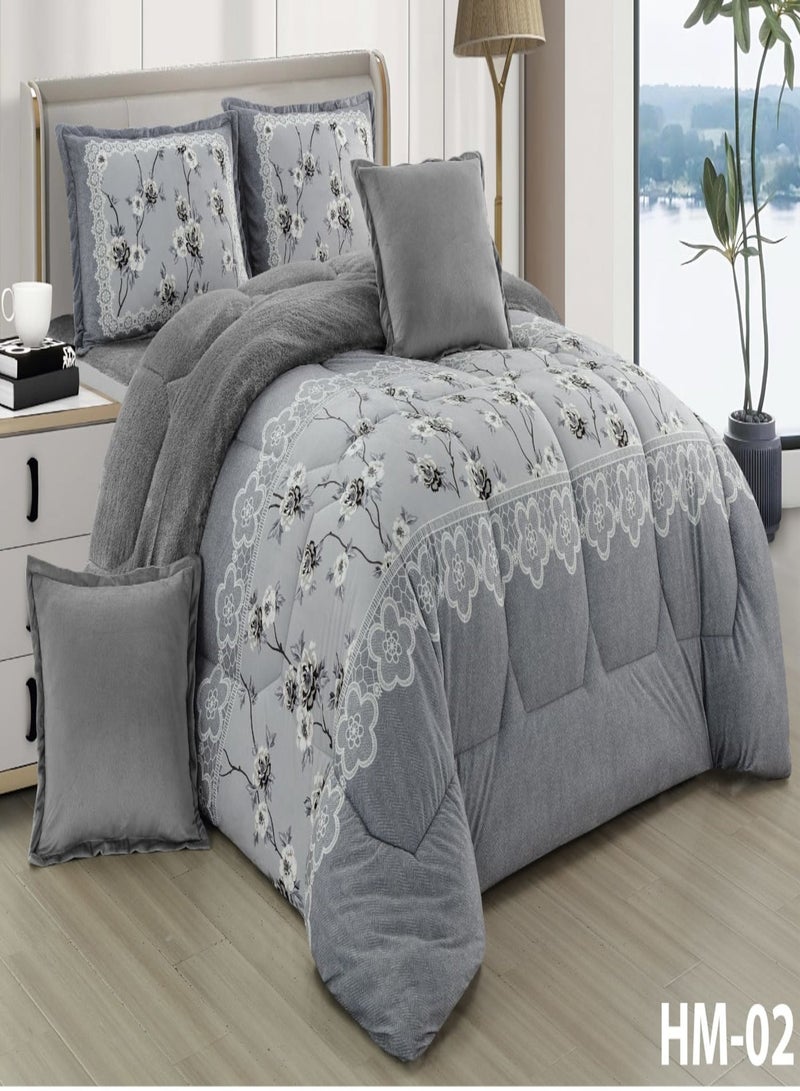 Moon Double-Sided Winter Bed Set for Two – 6 Pieces (1 Comforter + 1 Fitted Sheet + 4 Decorative Pillow Covers), Reversible Design with Velvet Front and Fleece Back, Fits Bed Size 200x200 cm - Image 1
