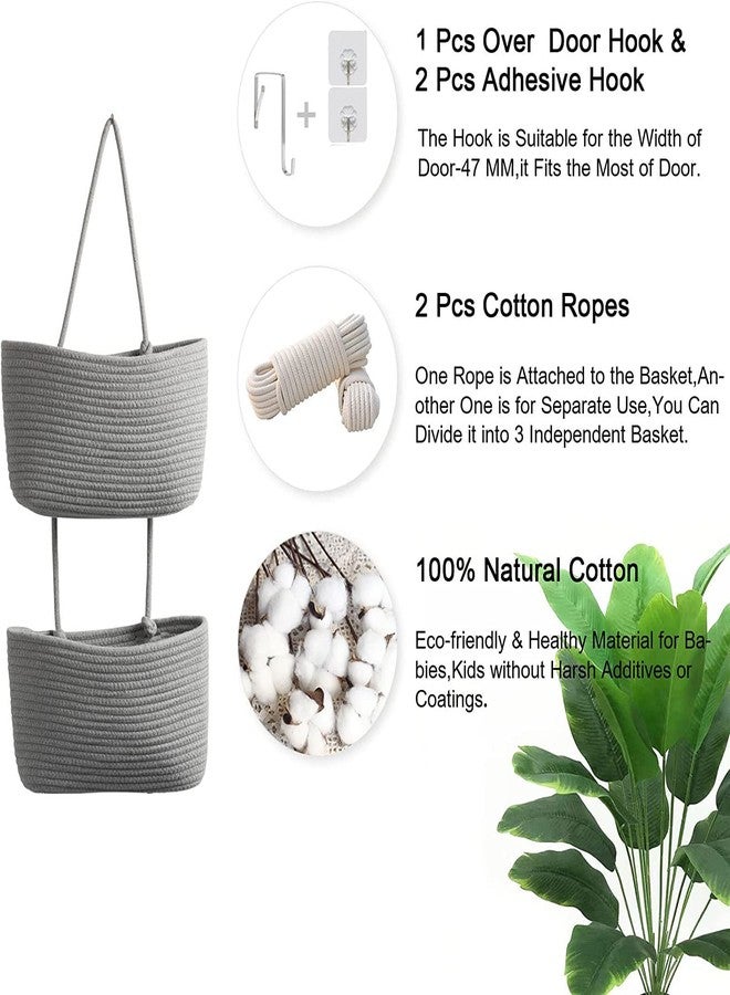 Gleckn Small Basket Cotton Rope Basket With Cat Ears Little Storage Baskets For Organizing Bins Organizer Wicker Nursery Room For Kids Baby Dog Toy Drawer Gifts 9.5"X8.5"X4" (Grey, 2-Tier) - Image 2