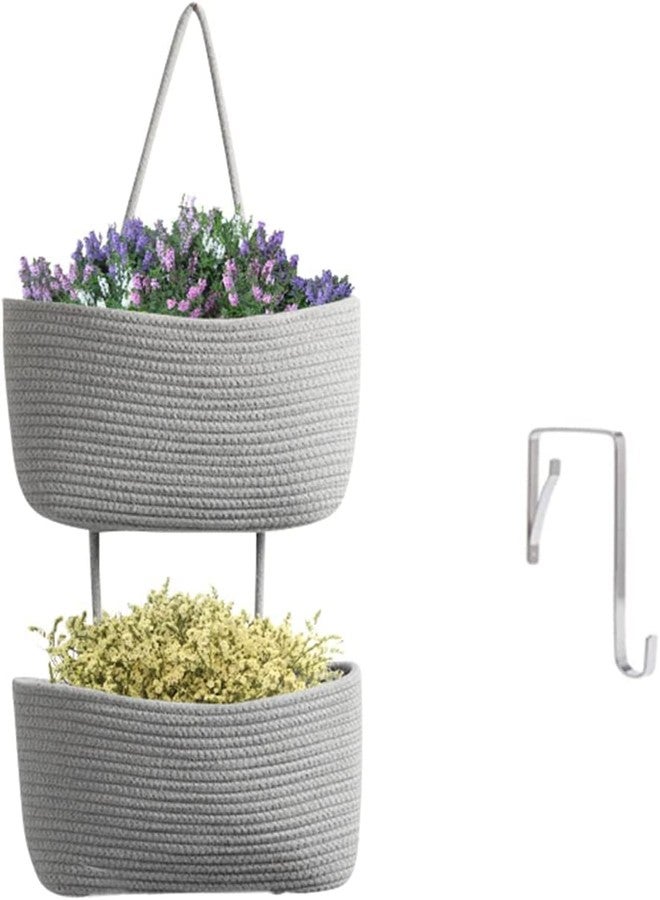 Gleckn Small Basket Cotton Rope Basket With Cat Ears Little Storage Baskets For Organizing Bins Organizer Wicker Nursery Room For Kids Baby Dog Toy Drawer Gifts 9.5"X8.5"X4" (Grey, 2-Tier) - Image 1