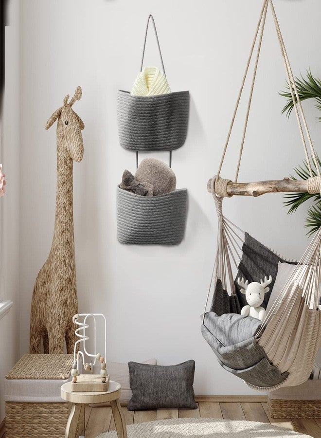 Gleckn Small Basket Cotton Rope Basket With Cat Ears Little Storage Baskets For Organizing Bins Organizer Wicker Nursery Room For Kids Baby Dog Toy Drawer Gifts 9.5"X8.5"X4" (Grey, 2-Tier) - Image 3
