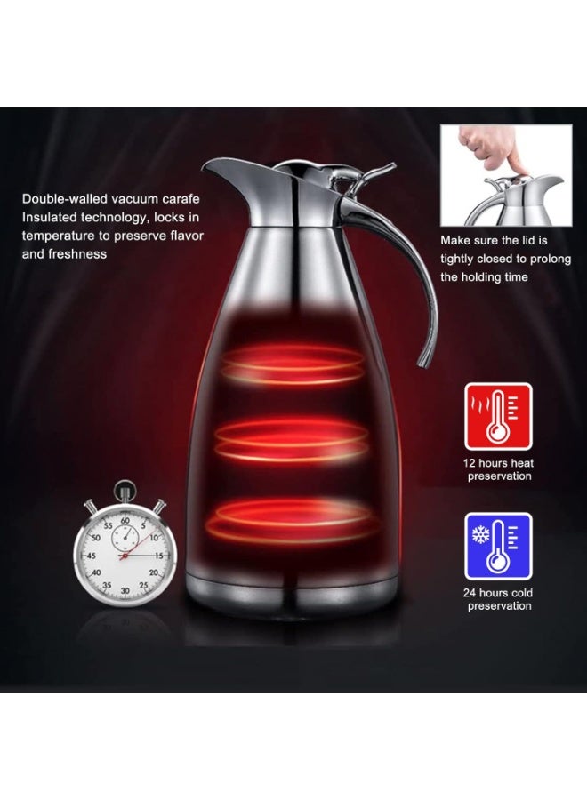 68 Oz Stainless Steel Coffee Thermal Carafe/Double Walled Vacuum Thermos Insulated / 12 Hour Heat Retention / 2 Liters (Silver) - Image 2