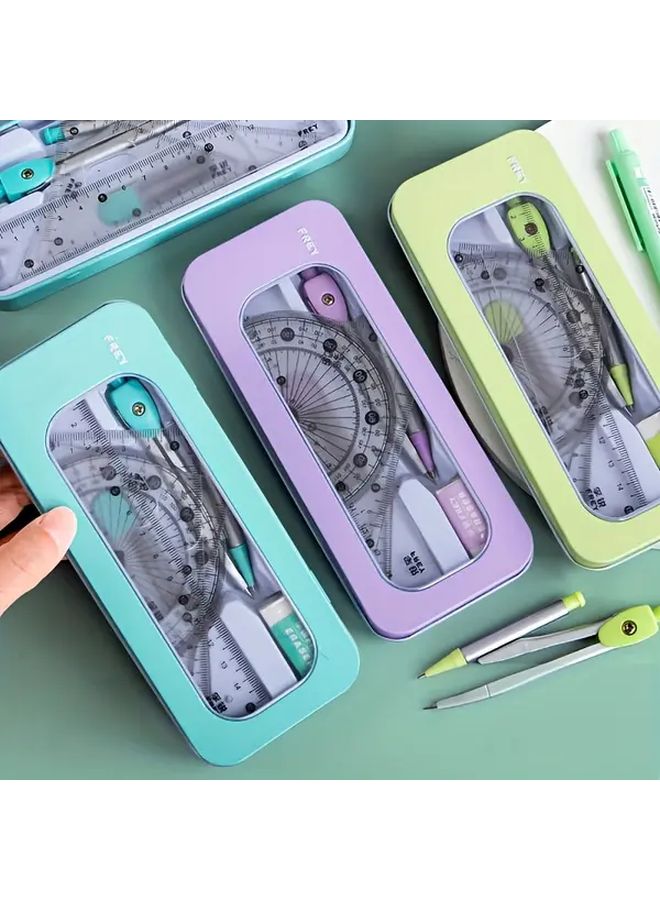 Yellow 7 In 1 Math Geometry Set Compass Protractor Ruler Eraser School Supplies - Image 1