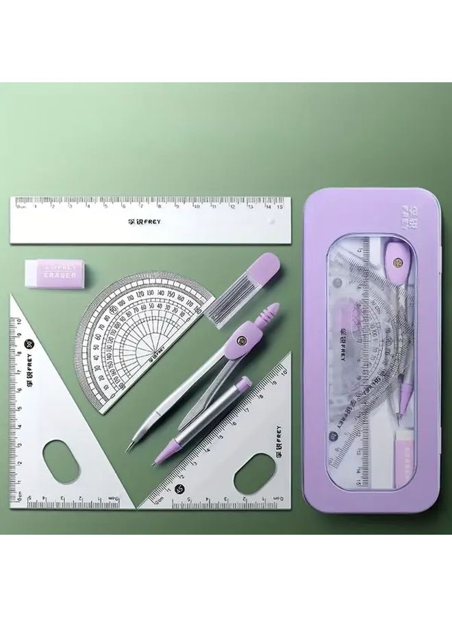 Yellow 7 In 1 Math Geometry Set Compass Protractor Ruler Eraser School Supplies - Image 5
