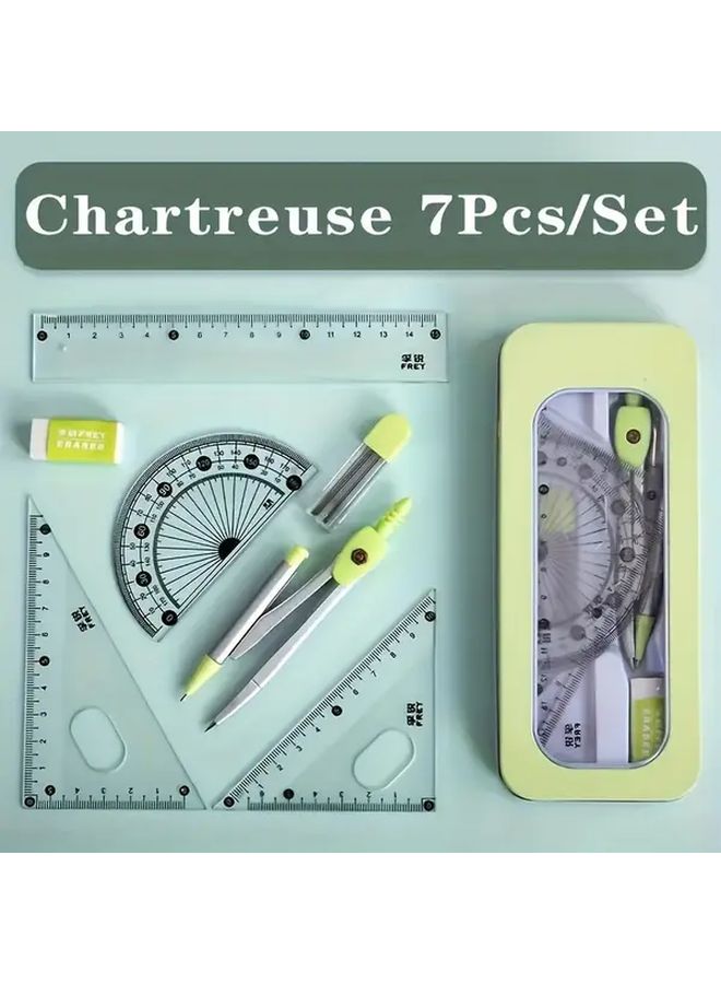 Yellow 7 In 1 Math Geometry Set Compass Protractor Ruler Eraser School Supplies - Image 4