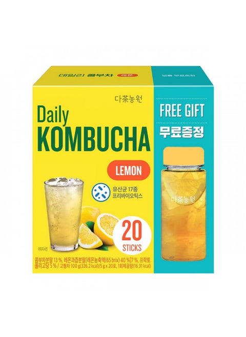 Garden Kombucha Tea, Powder 5g x 20 Sachets (100g/3.52oz) Probiotics, Prebiotics, Sugar Free, Balck Tea, Healthy Drink with Bottle (FREE BOTTLE SHAKER) (Lemon)