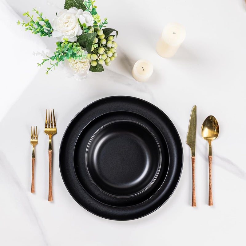 AmorArc Ceramic Dinnerware Sets Wavy Rim Stoneware Plates and Bowls Sets Highly Chip and Crack Resistant  Dishwasher  Microwave  Oven Safe Dishes set Service for 4 12pcMatte Black - Image 2