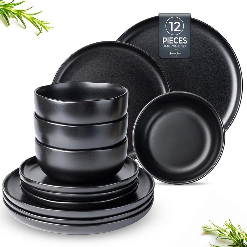 AmorArc Ceramic Dinnerware Sets Wavy Rim Stoneware Plates and Bowls Sets Highly Chip and Crack Resistant  Dishwasher  Microwave  Oven Safe Dishes set Service for 4 12pcMatte Black - Image 1
