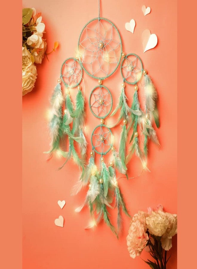 Rooh Dream Catcher ~ Pastel Green & Blue 4 Tier with LED Lights ~ Handmade Hangings for Positivity (Can be Used as Home Décor Accents, Wall Hangings,Meditation Room, Yoga Temple, Feather Windchime) - Image 1