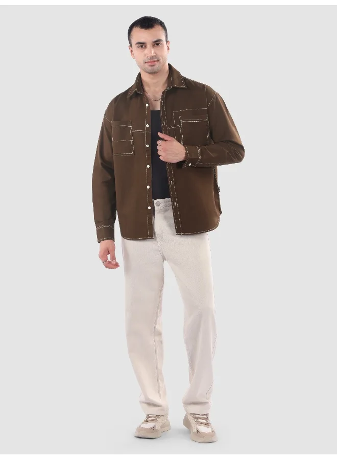 Beyoung Brown Dual Pocket Contrast Stitch Shirt