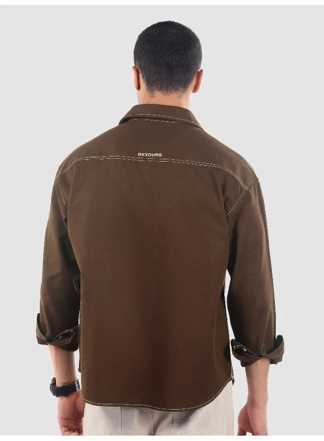 Beyoung Brown Dual Pocket Contrast Stitch Shirt