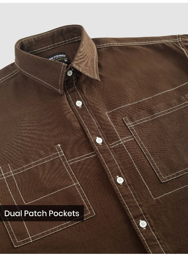 Beyoung Brown Dual Pocket Contrast Stitch Shirt
