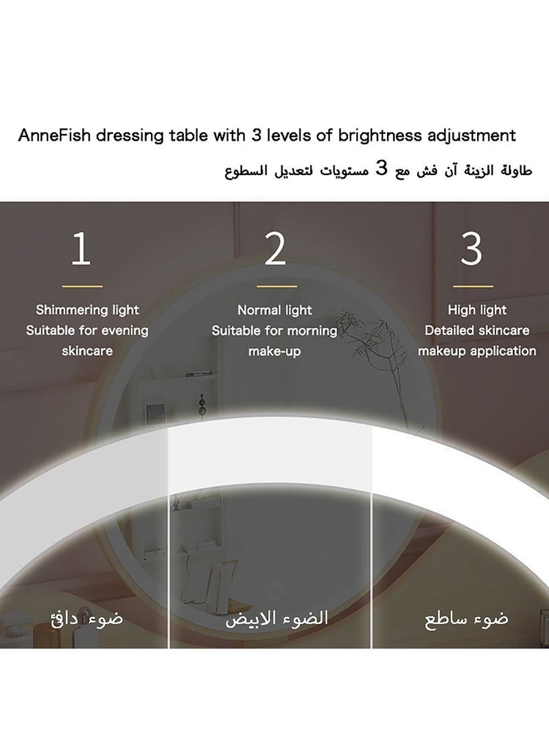 آن فش طقم طاولة تزيين عصرية لغرفة النوم (80 × 40 × 125 سم) مع مرآة بإضاءة LED وأدراج، بثلاثة مستويات لشدة الإضاءة وكابل USB. - Image 5