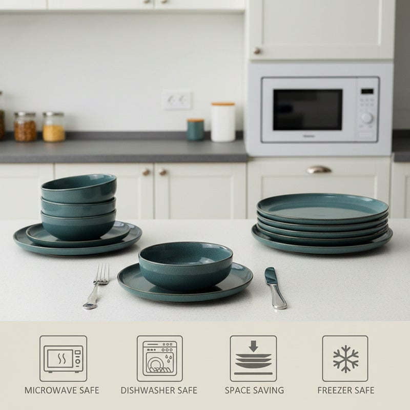 Shallow طقم عشاء ريفي مزخرف من الخزف الضحل FIO باللون الأخضر الداكن المزرق 12 قطعة | 4 أطباق عشاء 4 أطباق جانبية 4 سلطانيات طقم أطباق وسلطانيات خفيفة الوزن وقابلة للتكديس لتناول الطعام في المنزل العصري - Image 3
