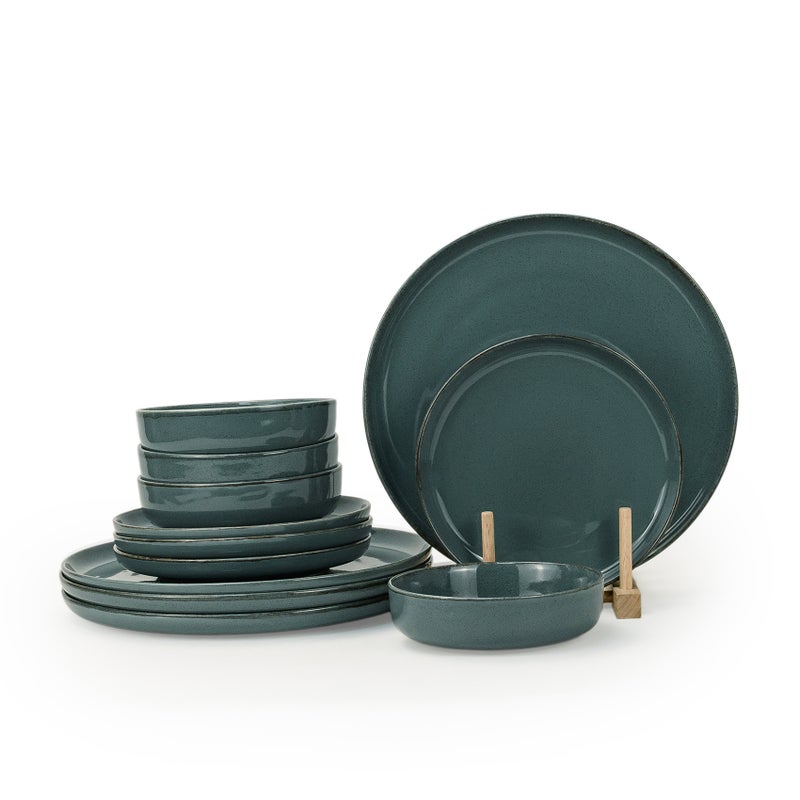 Shallow طقم عشاء ريفي مزخرف من الخزف الضحل FIO باللون الأخضر الداكن المزرق 12 قطعة | 4 أطباق عشاء 4 أطباق جانبية 4 سلطانيات طقم أطباق وسلطانيات خفيفة الوزن وقابلة للتكديس لتناول الطعام في المنزل العصري - Image 1