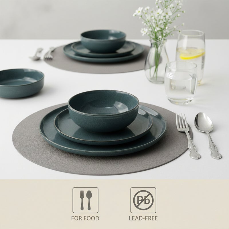 Shallow طقم عشاء ريفي مزخرف من الخزف الضحل FIO باللون الأخضر الداكن المزرق 12 قطعة | 4 أطباق عشاء 4 أطباق جانبية 4 سلطانيات طقم أطباق وسلطانيات خفيفة الوزن وقابلة للتكديس لتناول الطعام في المنزل العصري - Image 2