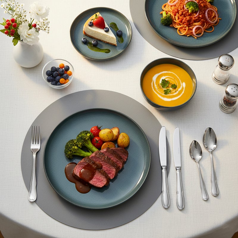 Shallow طقم عشاء ريفي مزخرف من الخزف الضحل FIO باللون الأخضر الداكن المزرق 12 قطعة | 4 أطباق عشاء 4 أطباق جانبية 4 سلطانيات طقم أطباق وسلطانيات خفيفة الوزن وقابلة للتكديس لتناول الطعام في المنزل العصري - Image 5