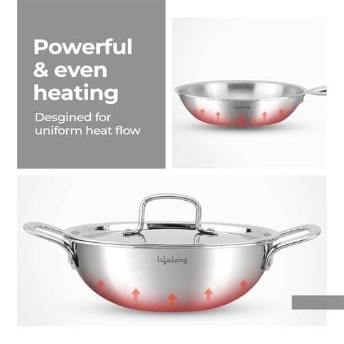 Lifelong Triply 3 Piece Cookware Set|24cm Fry Pan (1.5L) & 24cm Triply Kadhai (2.5L) with Lids | Stainless Steel Handles,Even Heat Distribution| Induction & Gas Stove Compatible,2 Count (LLTPDKFP24) - Image 3
