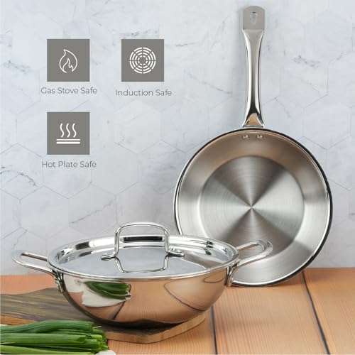 Lifelong Triply 3 Piece Cookware Set|24cm Fry Pan (1.5L) & 24cm Triply Kadhai (2.5L) with Lids | Stainless Steel Handles,Even Heat Distribution| Induction & Gas Stove Compatible,2 Count (LLTPDKFP24) - Image 5