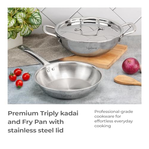 Lifelong Triply 3 Piece Cookware Set|24cm Fry Pan (1.5L) & 24cm Triply Kadhai (2.5L) with Lids | Stainless Steel Handles,Even Heat Distribution| Induction & Gas Stove Compatible,2 Count (LLTPDKFP24) - Image 2