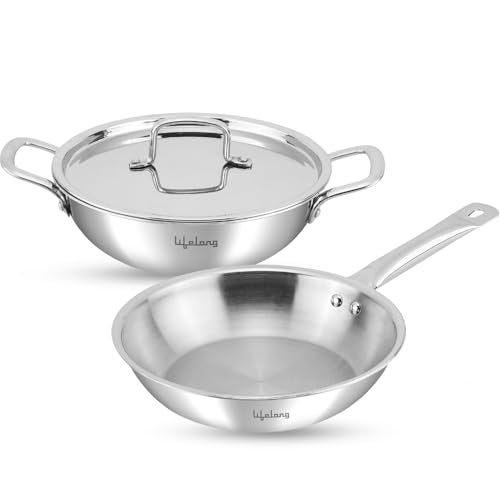 Lifelong Triply 3 Piece Cookware Set|24cm Fry Pan (1.5L) & 24cm Triply Kadhai (2.5L) with Lids | Stainless Steel Handles,Even Heat Distribution| Induction & Gas Stove Compatible,2 Count (LLTPDKFP24) - Image 1
