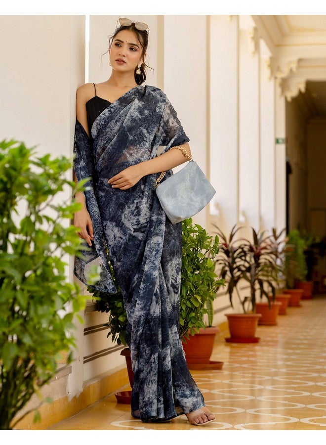 SIRIL Women's Georgette Printed One Minute Ready to Wear Saree With Unstitched Blouse Piece (50RS146_Dark Grey) - Image 2