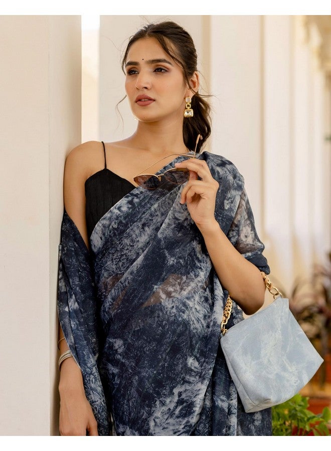 SIRIL Women's Georgette Printed One Minute Ready to Wear Saree With Unstitched Blouse Piece (50RS146_Dark Grey) - Image 4