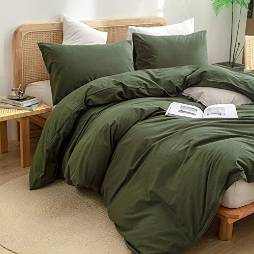 BESTOUCH Duvet Cover Set 100% Washed Cotton Linen Feel Super Soft Comfortable Chic Lightweight 3 PCs Home Bedding Set Solid Olive Green Cal King - Image 5