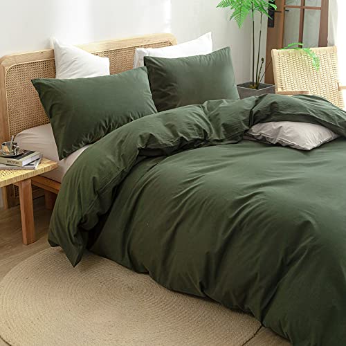BESTOUCH Duvet Cover Set 100% Washed Cotton Linen Feel Super Soft Comfortable Chic Lightweight 3 PCs Home Bedding Set Solid Olive Green Cal King - Image 2
