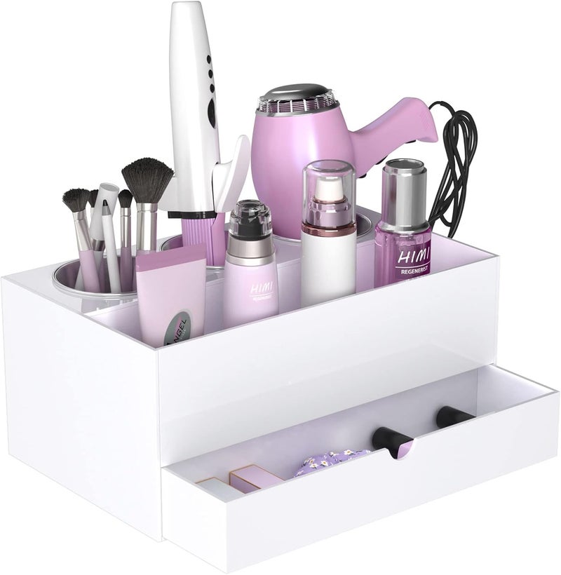 TPGP HIIMIEI Hair Tool Organizer with Drawer - White Acrylic Storage for Hair Dryers and Styling Tools - Image 1