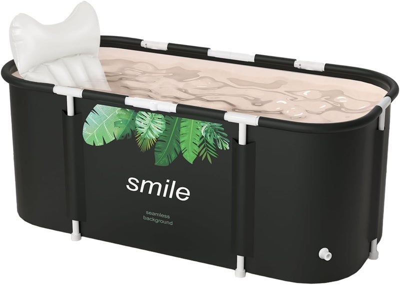 Valajogi Portable Foldable Adult Bathtub for Home, Large Plastic Soaking Tub with Drain Pipe, Freestanding Spa Bath Tub for Hot & Cold Bath, Balcony & Small Bathroom Use (Green Leaf-Smile) - Image 1