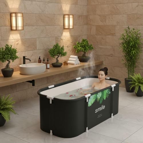 Valajogi Portable Foldable Adult Bathtub for Home, Large Plastic Soaking Tub with Drain Pipe, Freestanding Spa Bath Tub for Hot & Cold Bath, Balcony & Small Bathroom Use (Green Leaf-Smile) - Image 5