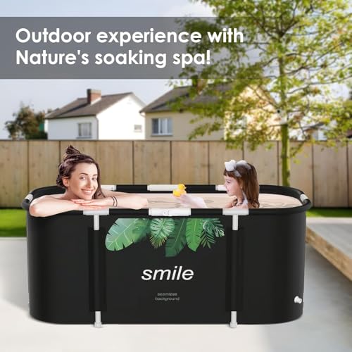 Valajogi Portable Foldable Adult Bathtub for Home, Large Plastic Soaking Tub with Drain Pipe, Freestanding Spa Bath Tub for Hot & Cold Bath, Balcony & Small Bathroom Use (Green Leaf-Smile) - Image 3