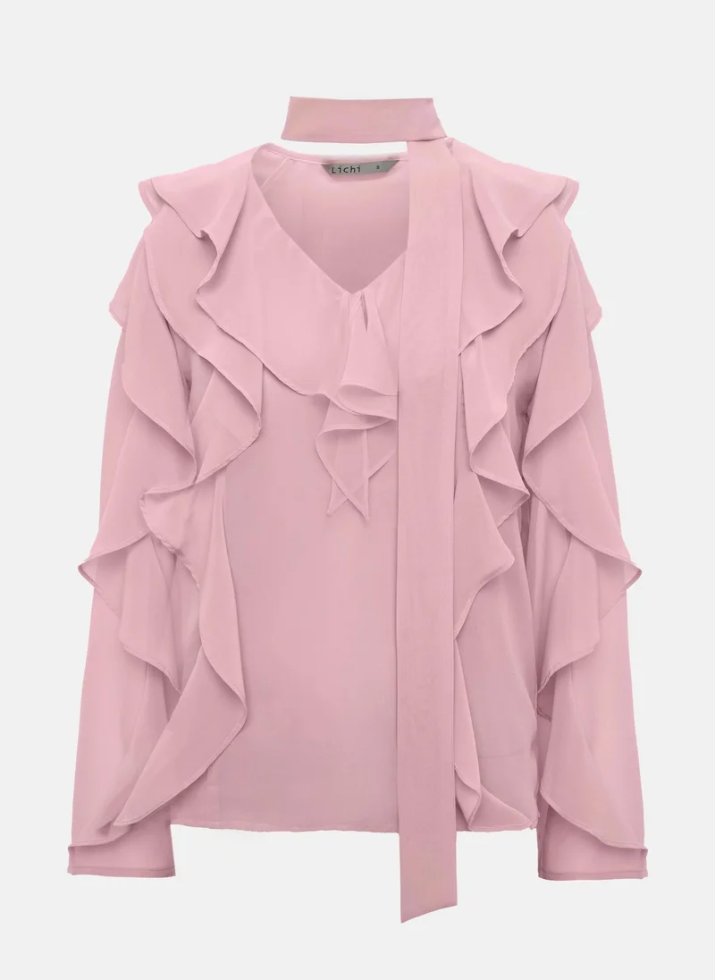Lichi Semi-transparent blouse with flounces and ribbon scarf