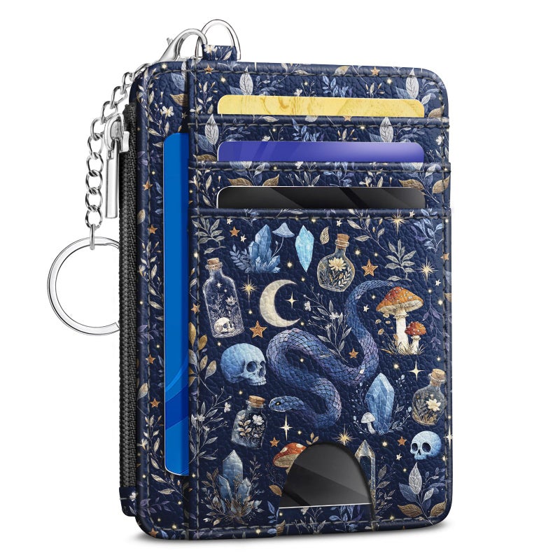 Kelvoris Goth Mushroom Credit Card Holder Slim Wallet Womenï¼ŒWitchy Skull Gothic Night RFID Blocking Small Wallet Woman Keychain with Zipper Coin Pocket, Front Pocket Thin Travel Ladies Card Case with ID Window - Image 1