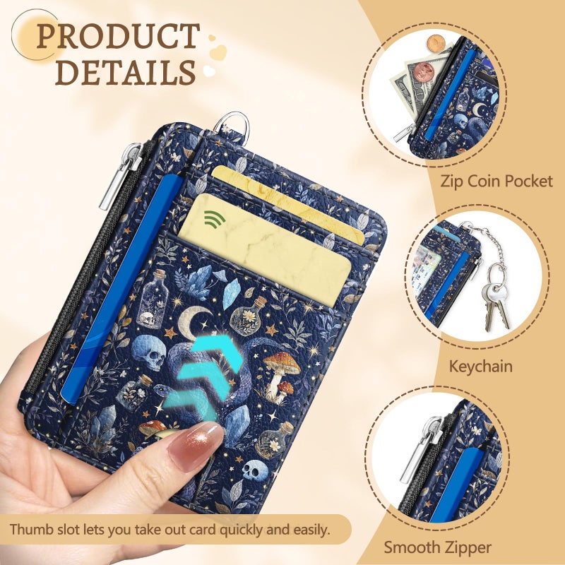 Kelvoris Goth Mushroom Credit Card Holder Slim Wallet Womenï¼ŒWitchy Skull Gothic Night RFID Blocking Small Wallet Woman Keychain with Zipper Coin Pocket, Front Pocket Thin Travel Ladies Card Case with ID Window - Image 5