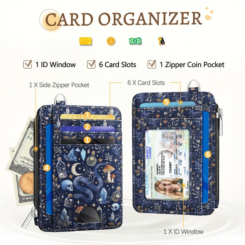 Kelvoris Goth Mushroom Credit Card Holder Slim Wallet Womenï¼ŒWitchy Skull Gothic Night RFID Blocking Small Wallet Woman Keychain with Zipper Coin Pocket, Front Pocket Thin Travel Ladies Card Case with ID Window - Image 3
