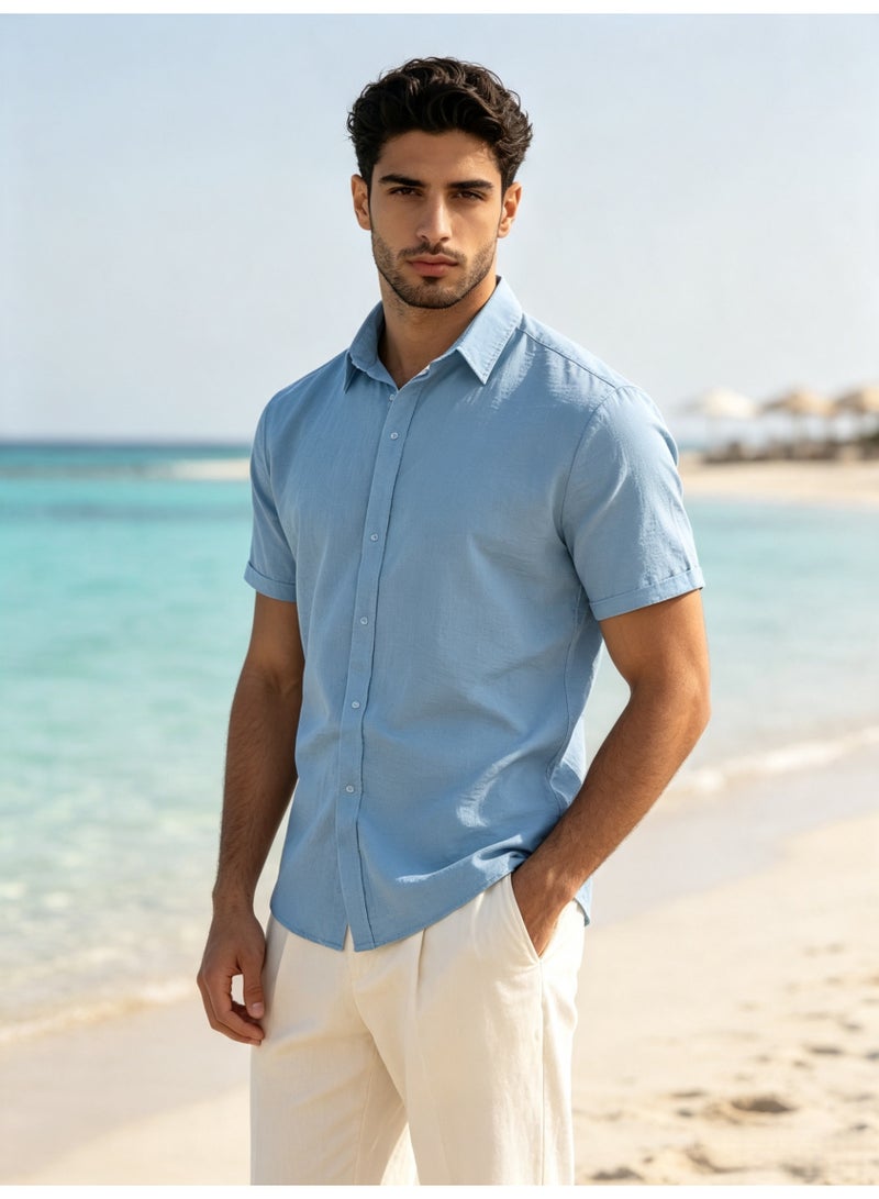 ZARA Men Sky Blue Linen Blend Short Sleeve Shirt Lapel Button‑Down Casual Summer Beach Shirt - Image 1