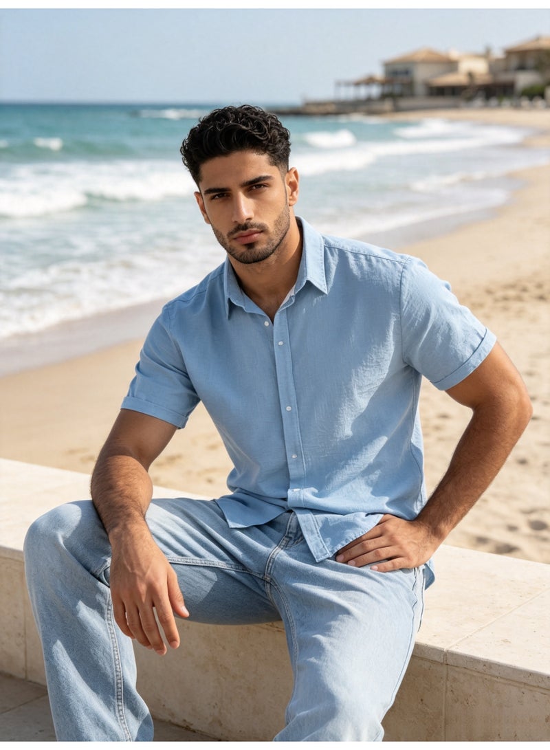 ZARA Men Sky Blue Linen Blend Short Sleeve Shirt Lapel Button‑Down Casual Summer Beach Shirt - Image 2