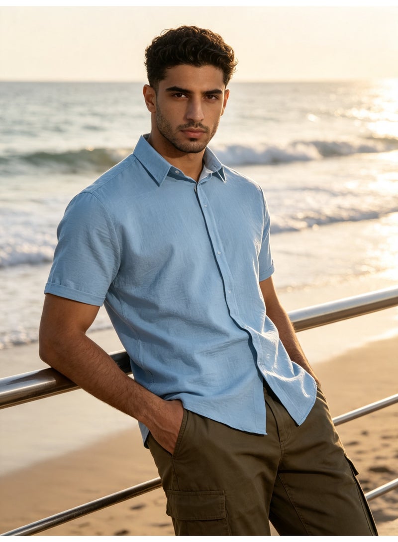 ZARA Men Sky Blue Linen Blend Short Sleeve Shirt Lapel Button‑Down Casual Summer Beach Shirt - Image 4