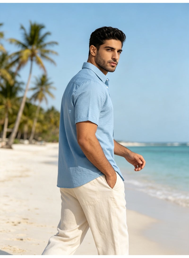 ZARA Men Sky Blue Linen Blend Short Sleeve Shirt Lapel Button‑Down Casual Summer Beach Shirt - Image 3