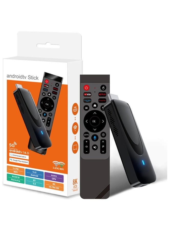 جهاز بث ذكي (Smart TV Stick) بنظام Android 14 ودقة 8K Ultra HD، مزود بذاكرة وصول عشوائي (RAM) سعة 2 جيجابايت وذاكرة تخزين (ROM) سعة 16 جيجابايت، وتقنية WiFi 6 مزدوجة النطاق، وBluetooth 5.0، ودعم HDR10+، ومعالج رباعي النواة؛ يتميز بمنفذ HDMI، وميزة انعكاس الشاشة، وجهاز تحكم عن بُعد صوتي، ودعم منافذ USB وبطاقات TF، مما يجعله مثالياً لتطبيقات Netflix وYouTube والألعاب والترفيه المنزلي. - Image 1