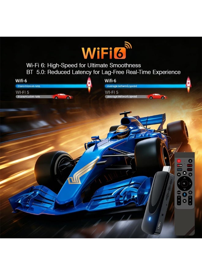 جهاز بث ذكي (Smart TV Stick) بنظام Android 14 ودقة 8K Ultra HD، مزود بذاكرة وصول عشوائي (RAM) سعة 2 جيجابايت وذاكرة تخزين (ROM) سعة 16 جيجابايت، وتقنية WiFi 6 مزدوجة النطاق، وBluetooth 5.0، ودعم HDR10+، ومعالج رباعي النواة؛ يتميز بمنفذ HDMI، وميزة انعكاس الشاشة، وجهاز تحكم عن بُعد صوتي، ودعم منافذ USB وبطاقات TF، مما يجعله مثالياً لتطبيقات Netflix وYouTube والألعاب والترفيه المنزلي. - Image 2