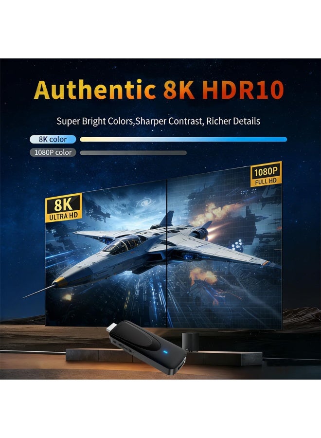 جهاز بث ذكي (Smart TV Stick) بنظام Android 14 ودقة 8K Ultra HD، مزود بذاكرة وصول عشوائي (RAM) سعة 2 جيجابايت وذاكرة تخزين (ROM) سعة 16 جيجابايت، وتقنية WiFi 6 مزدوجة النطاق، وBluetooth 5.0، ودعم HDR10+، ومعالج رباعي النواة؛ يتميز بمنفذ HDMI، وميزة انعكاس الشاشة، وجهاز تحكم عن بُعد صوتي، ودعم منافذ USB وبطاقات TF، مما يجعله مثالياً لتطبيقات Netflix وYouTube والألعاب والترفيه المنزلي. - Image 3